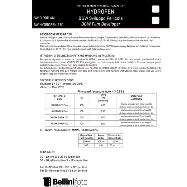 Bellini Foto BW HYDROFEN Sviluppo Pellicola 250 mL Bellini Foto BW HYDROFEN Sviluppo Pellicola 250 mL